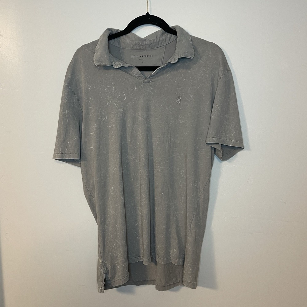 John Varvatos Bodhi Polo Shirt Men Large Grey Marble Wash‎ Peace Sign Emblem EUC